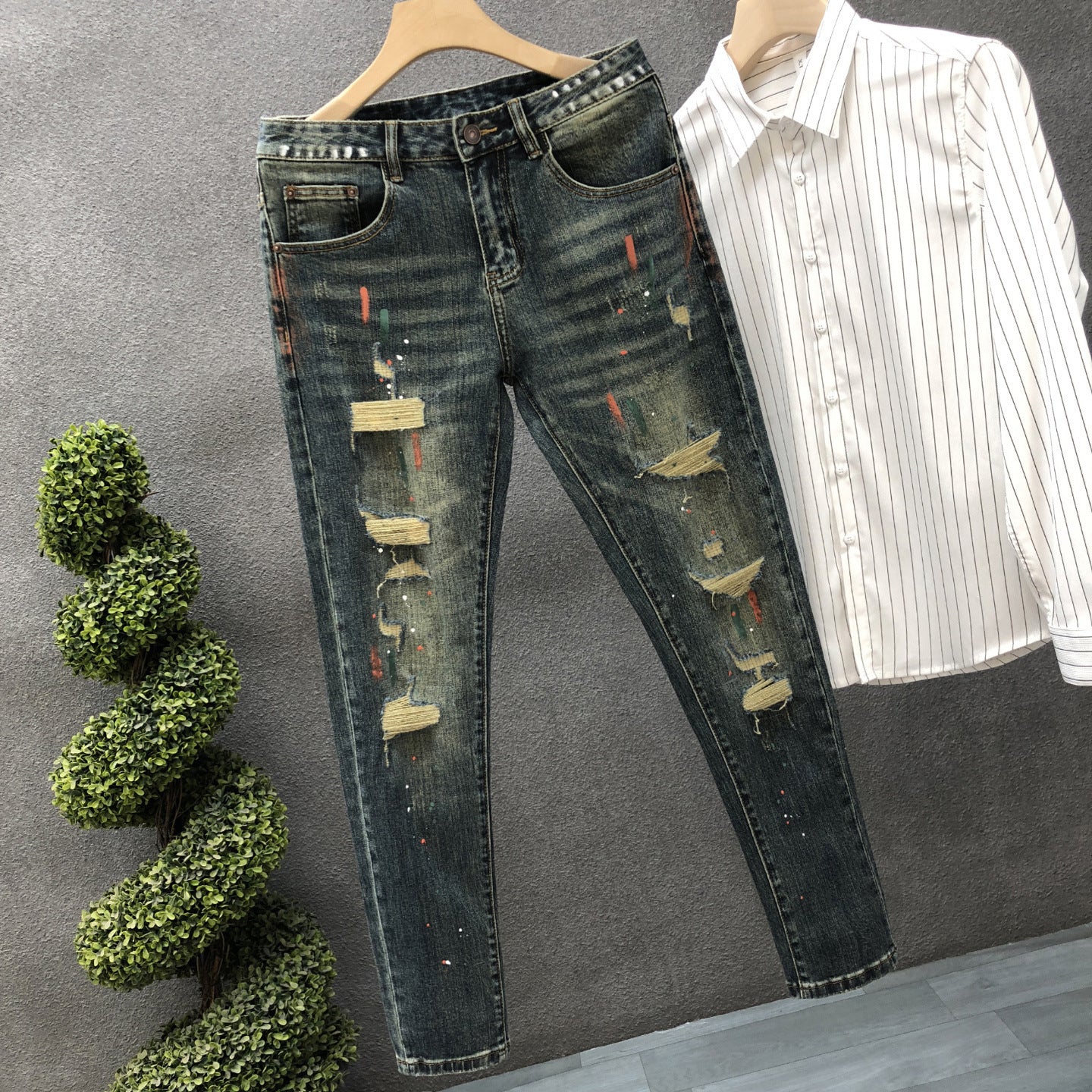 Hig Hend Paint Splatter Style Denim Jeans For Men