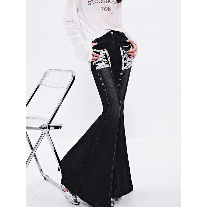 Lace-Strap Bootcut Denim Jeans For Women