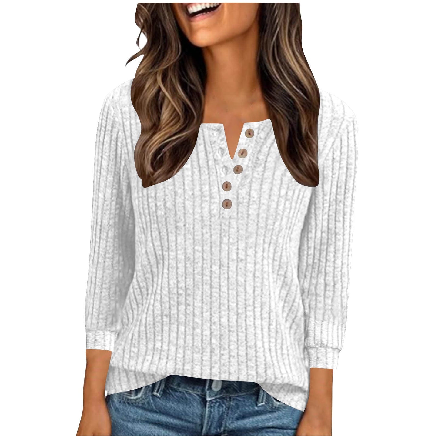 Women's V-neck Long-Sleeve Button-Down Knitted Sweater With Ribbed Pattern, Brushed Knit, Loose-Fit Striped Polo Shirt