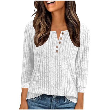 Women's V-neck Long-Sleeve Button-Down Knitted Sweater With Ribbed Pattern, Brushed Knit, Loose-Fit Striped Polo Shirt