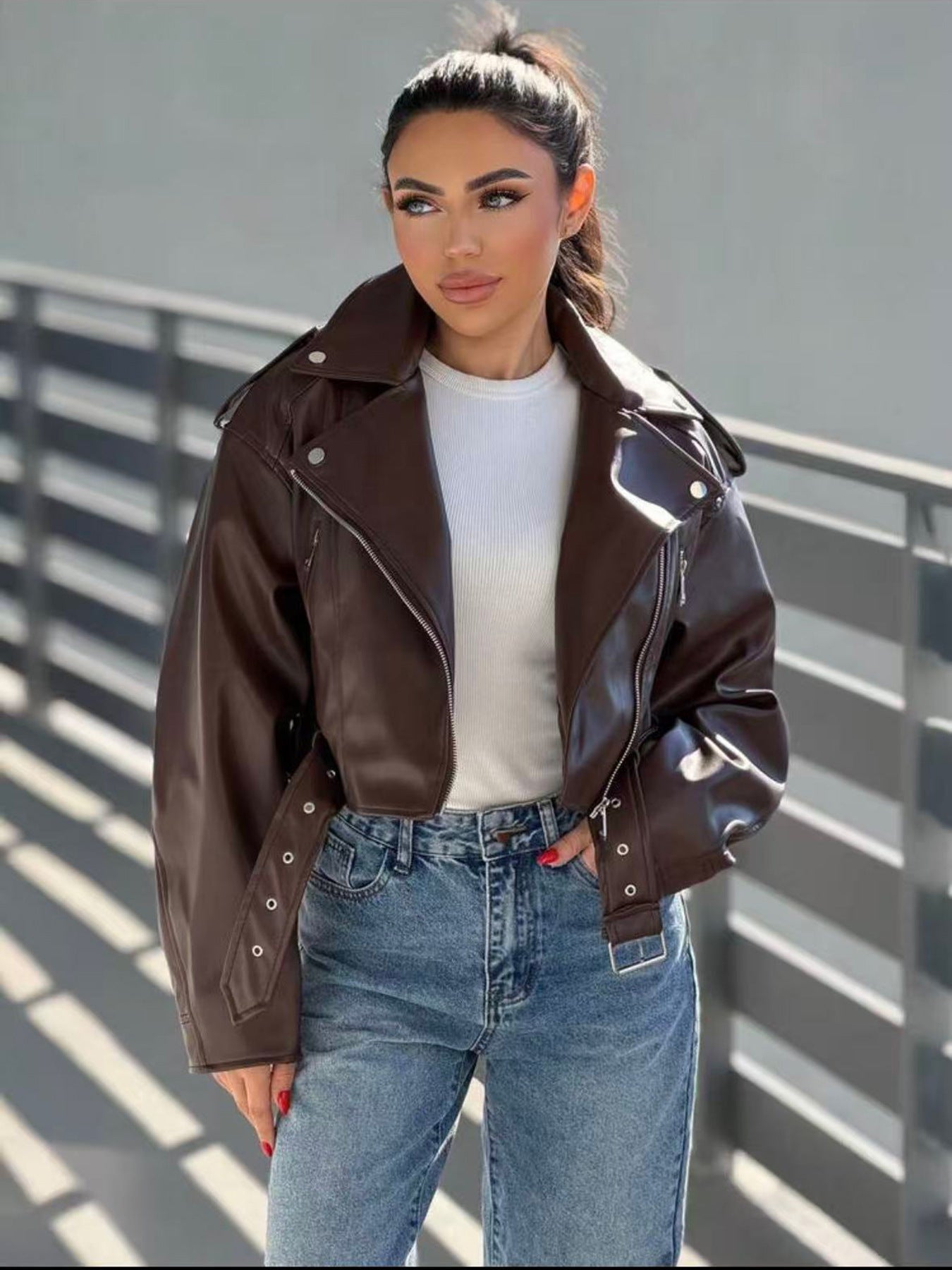 Vintage Lapel Slim-Fit Short PU Leather Jacket Womens Biker Jacket