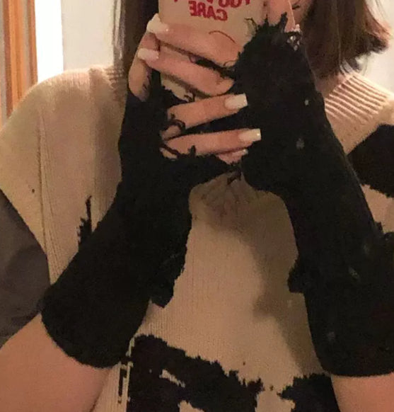 1pair Black Tattered Punk Unisex Fingerless Cuff Knit Gloves