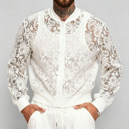 Mens Lace-See-Through Long-Sleeve Aviator Jacket