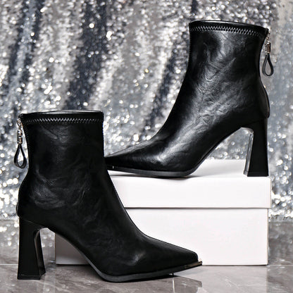 French Style Block Heel Spring Autumn Winter New Ankle Boots Slimming Match Skirt Warm Pointed Toe High Heel Boots Fashion Elegant Fashion Boots