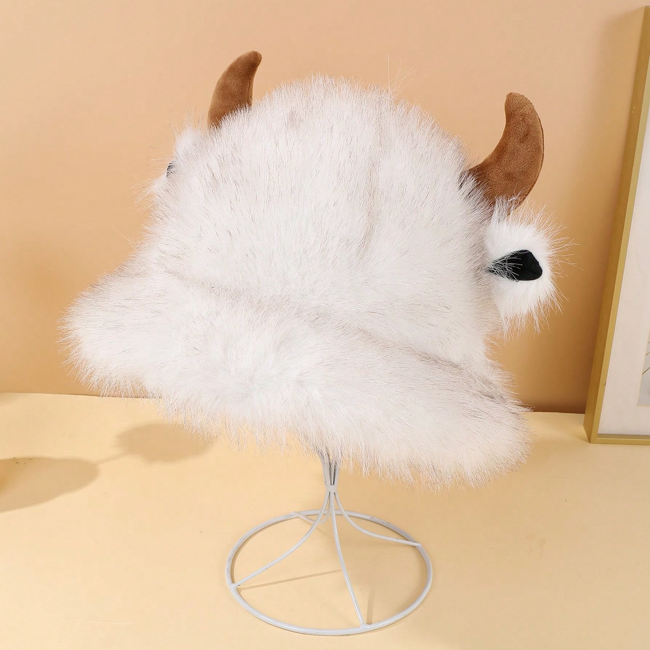 Halloween Cute Cowhorn-shaped Small-ear Plush Fisherman Hat With Stars - Versatile And Thick Outdoor Warm Fleece Hat