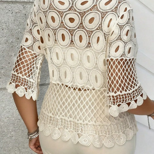 Sun-protective Hollow Crochet Round-neck Short-sleeve Top