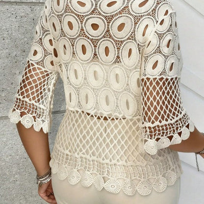 Sun-protective Hollow Crochet Round-neck Short-sleeve Top