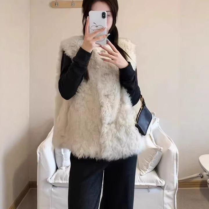 Sheepskin-look Vest Mid-length Leather-and-fur Vest