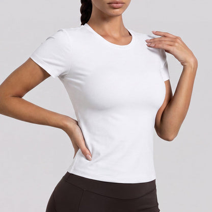 Juyitang Basic Round Neck Short-Sleeved Yoga Wear For Women, Tight-Fitting, Quick-Drying Fitness Top, Slimming Look, Breathable Sports T-Shirt