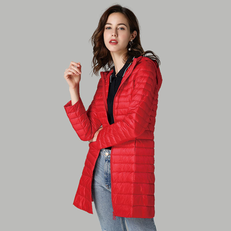 Lightweight Mid-length White Duck Down Slim-fit Winter Hooded Coat