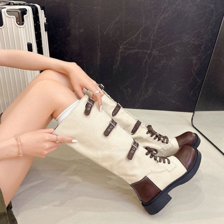 Women Retro Color Block Fringe Knee High Boots Lace Up Multi Buckle Thick Heel Western Knight Boots