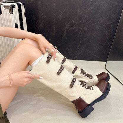 Women Retro Color Block Fringe Knee High Boots Lace Up Multi Buckle Thick Heel Western Knight Boots