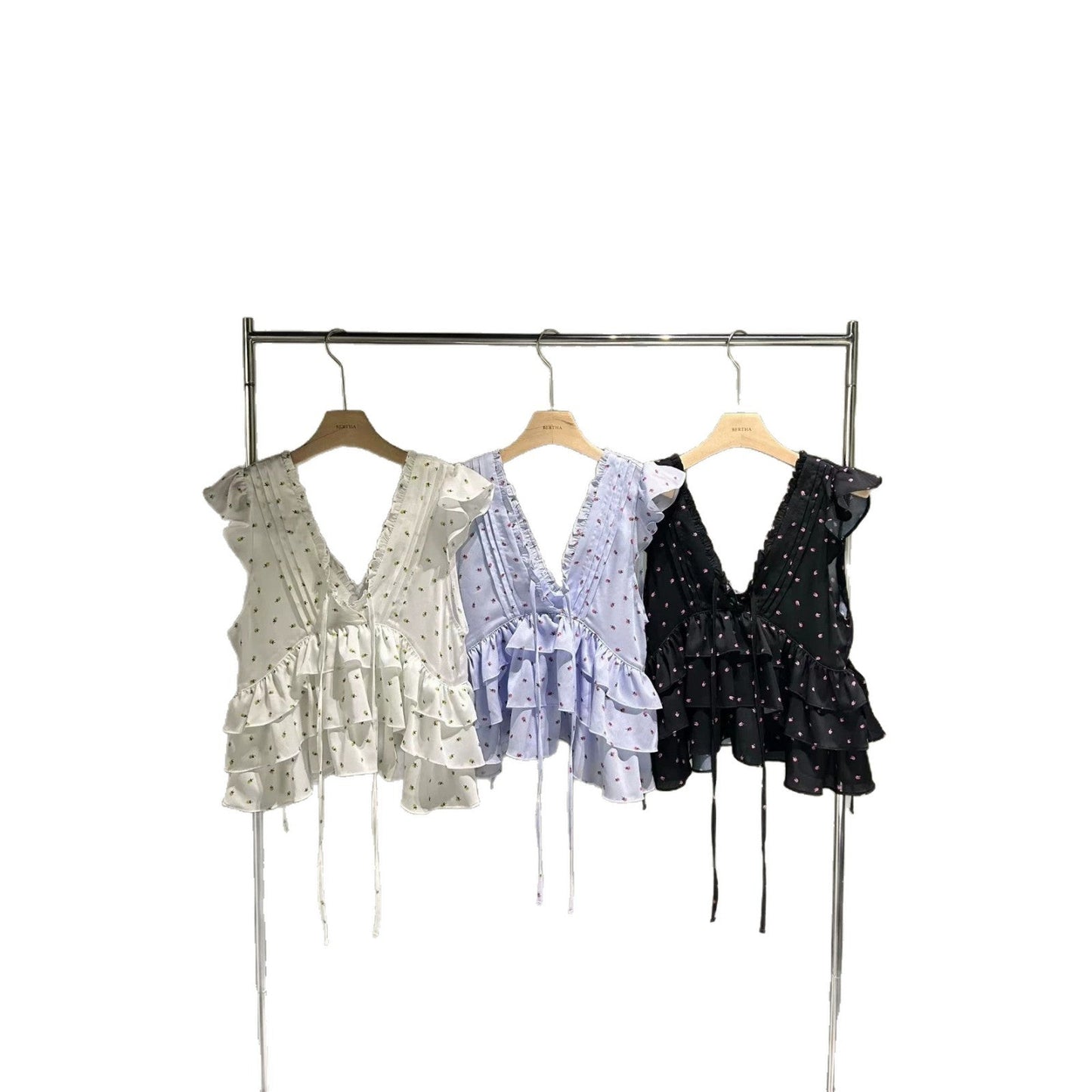 Pleated Floral-print Ruffled Blouse Vest With Ribbons