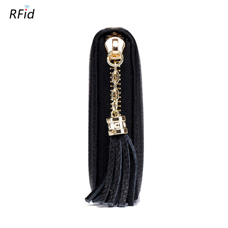 Womens Tassel First-Layer Leather Anti-Scanning Zipper Wallet