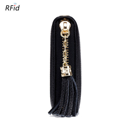 Womens Tassel First-Layer Leather Anti-Scanning Zipper Wallet