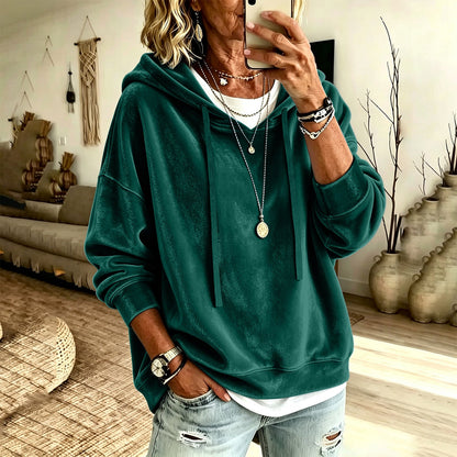 Womens Casual Solid-Color Hooded Long-Sleeve Top With Drawstring