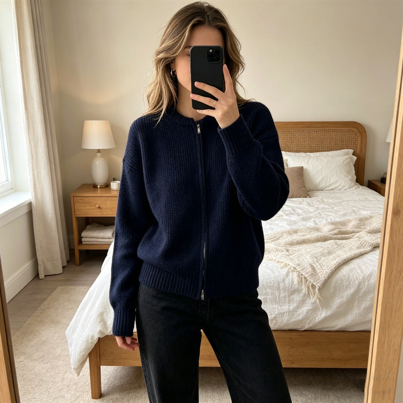Casual Versatile Solid-color Zip-up Knit Cardigan Jacket