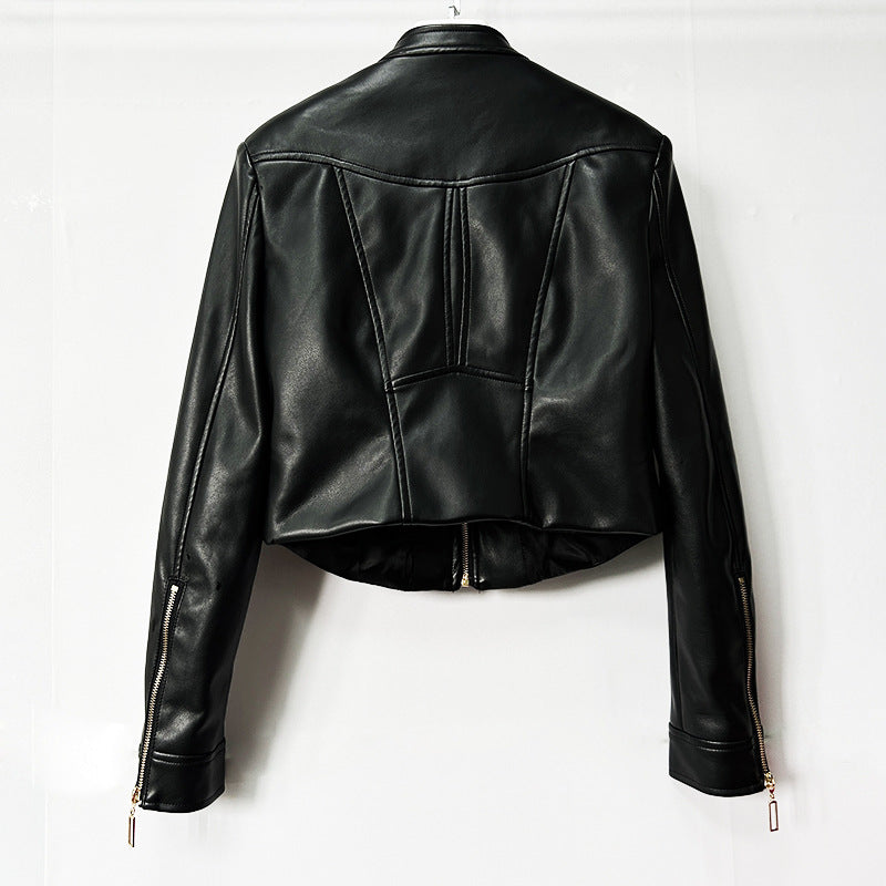 Heavy-duty PU Leather Moto-style Cropped Jacket With A Stand Collar And Zip Front