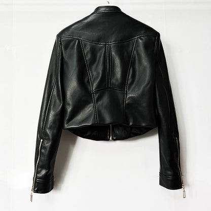 Heavy-duty PU Leather Moto-style Cropped Jacket With A Stand Collar And Zip Front