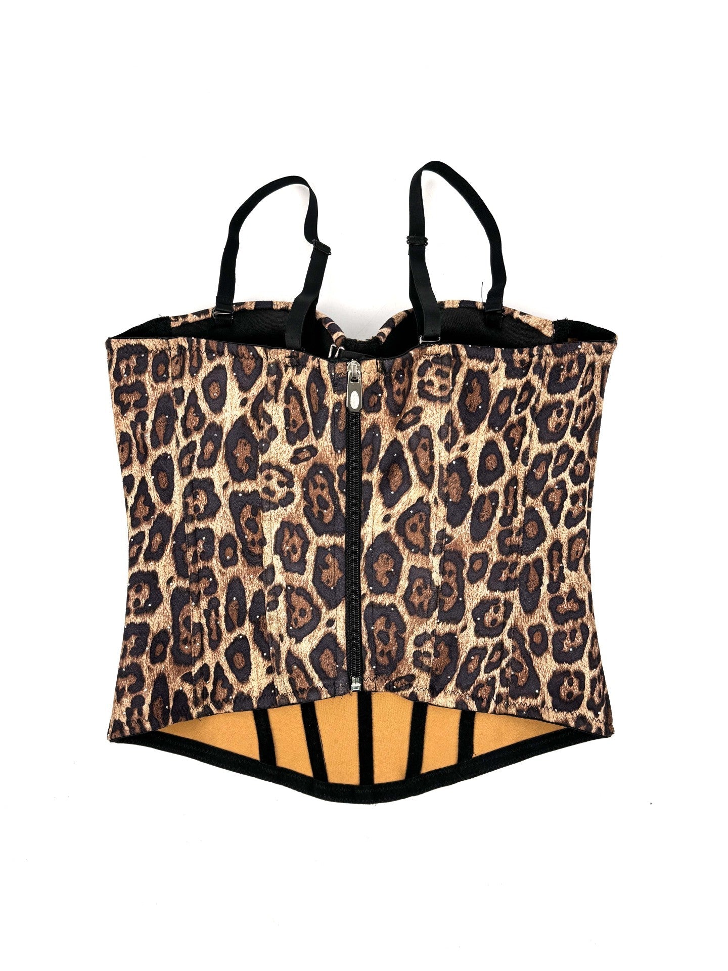 European And American Golden Brown Leopard Print Suede Short Vest With Inner Strap Can Be Worn Outside Stretch Gathered Fishbone Shaped Corset