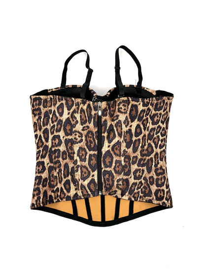European And American Golden Brown Leopard Print Suede Short Vest With Inner Strap Can Be Worn Outside Stretch Gathered Fishbone Shaped Corset