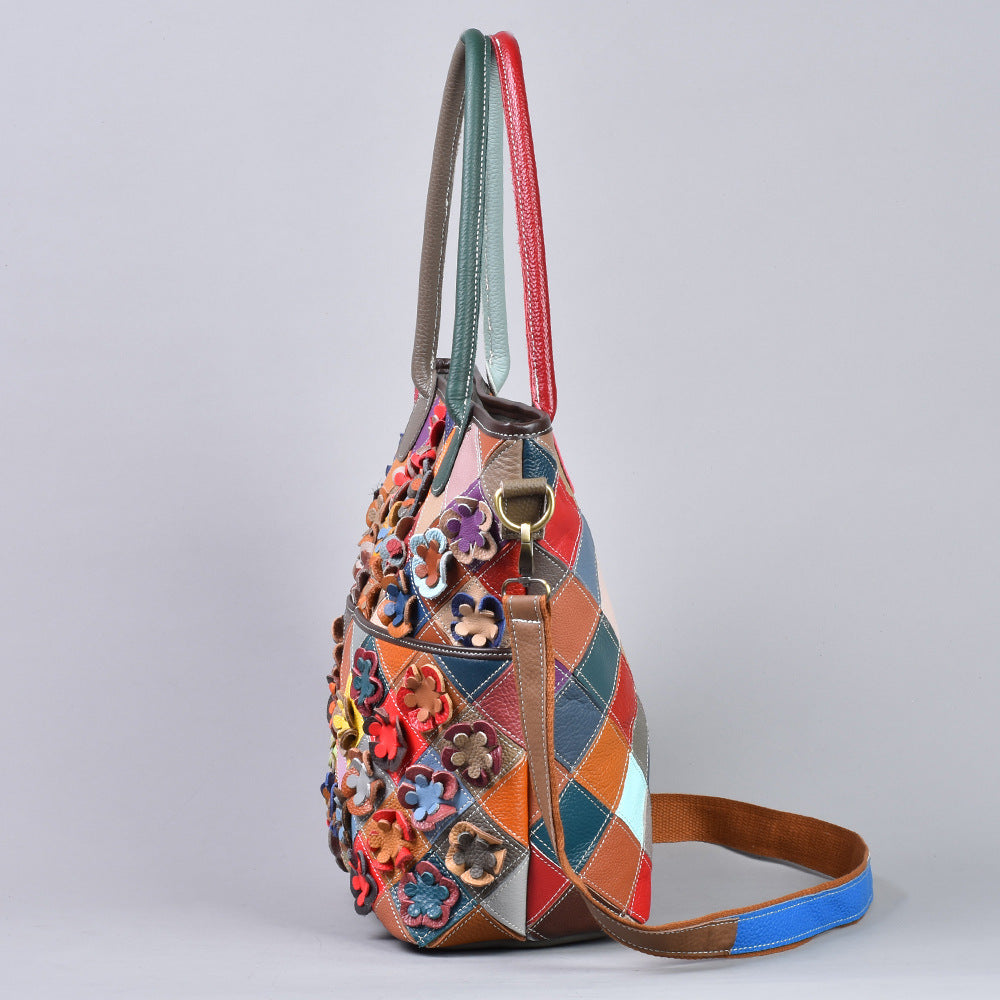 Top-grain Leather Floral Patchwork Shoulder Crossbody Bag