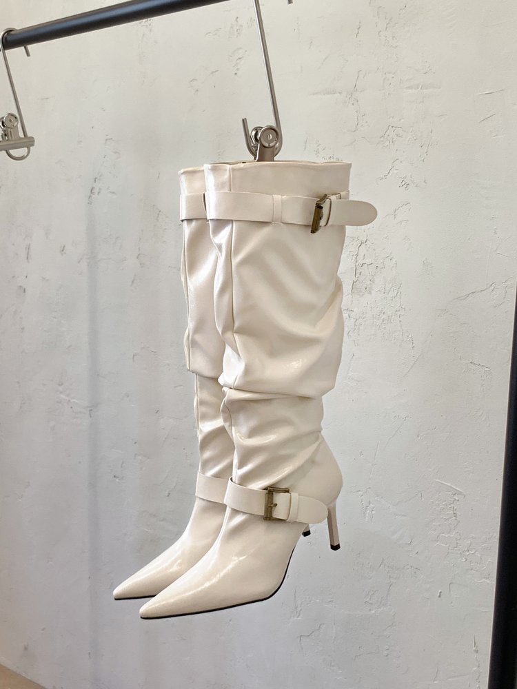 Women's Vintage Pointed Toe Elegant Ruched Slouch Boots, Slimming High Heel Knight Boots, Belt Buckle Slim Tall Boots