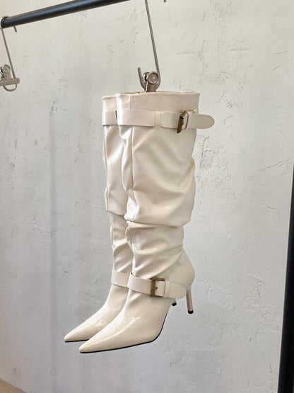 Women's Vintage Pointed Toe Elegant Ruched Slouch Boots, Slimming High Heel Knight Boots, Belt Buckle Slim Tall Boots