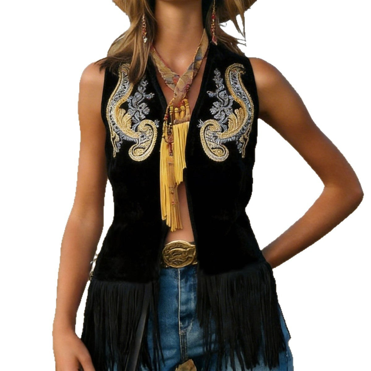 Casual Loose Retro Gold Embroidered Suede Fringe Vest Gilet