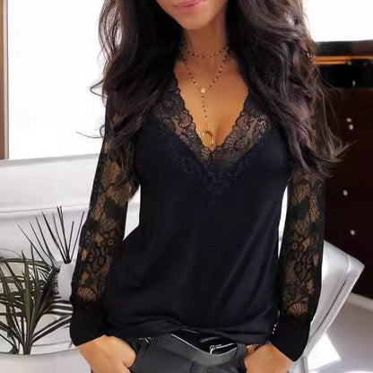 2026 Autumn New European And American Women's Sexy Lace Splicing V-neck Perspective Long Sleeve T-shirt