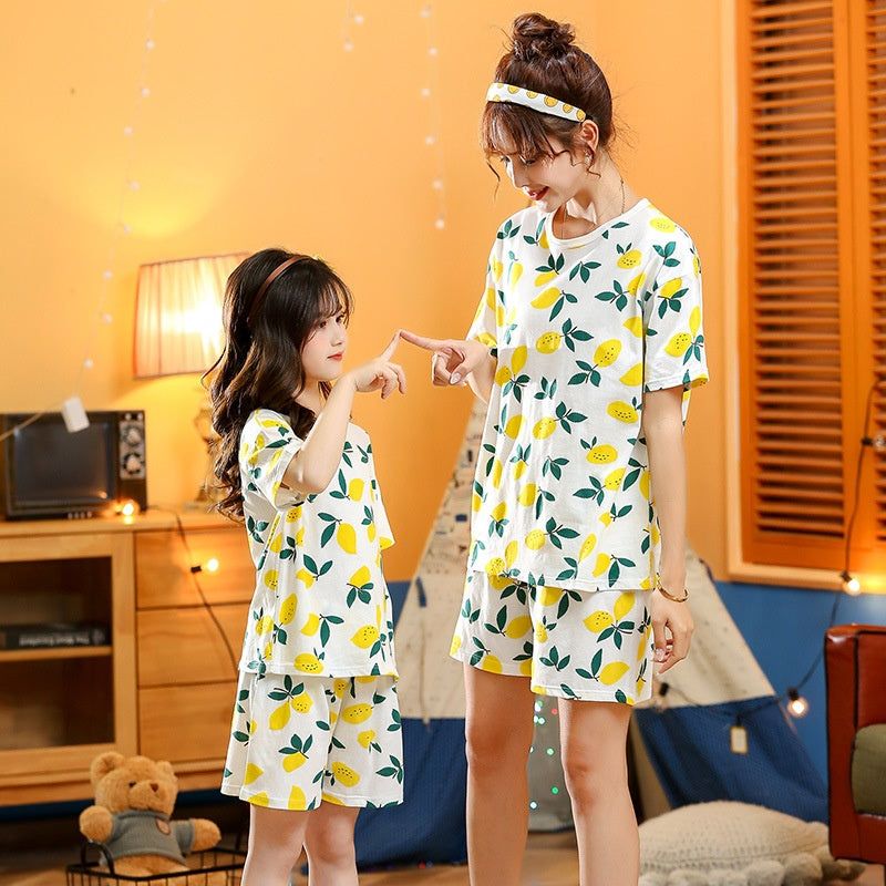 Children's Cotton Short-sleeved Home Wear Suit Parent-child Mother-daughter Home Cartoon Princess 2-piece Summer Thin Cotton