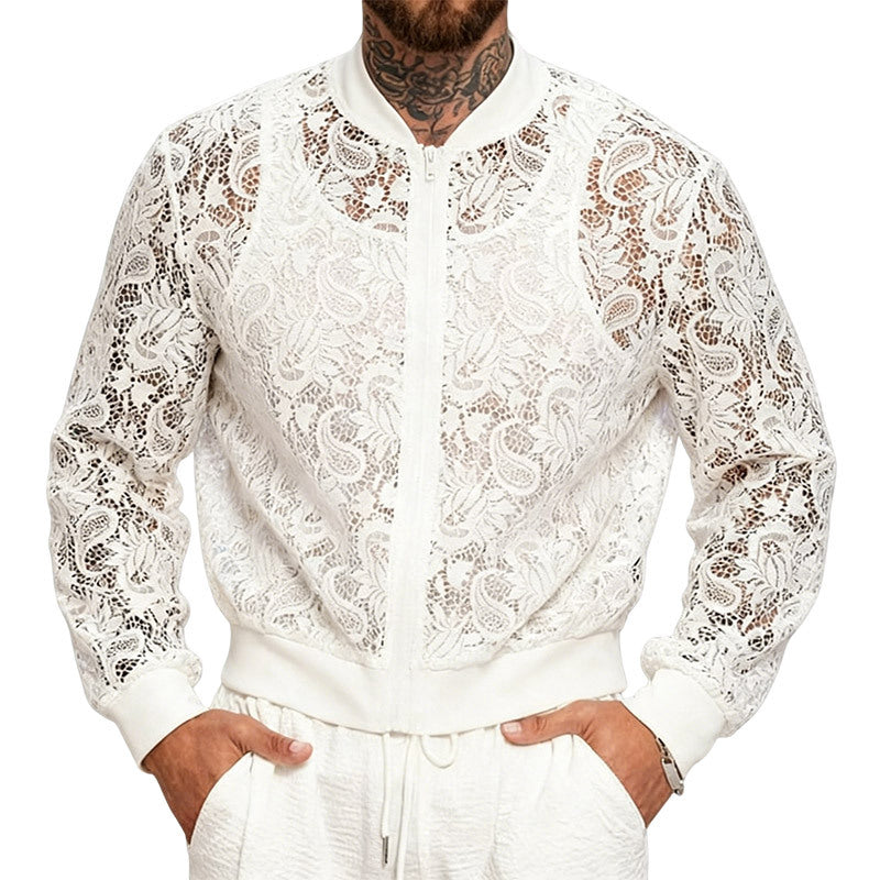 Mens Lace-See-Through Long-Sleeve Aviator Jacket