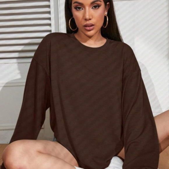 Womens Loose-Fit Solid-Color Plus-Size Long-Sleeve T-Shirt