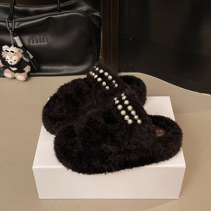 Women's Platform Height-Increasing Furry Single Strap Slippers, 2026 New Autumn Winter Pearl Magic Tape Warm Slides For Petite Women, Wearable Outdoors