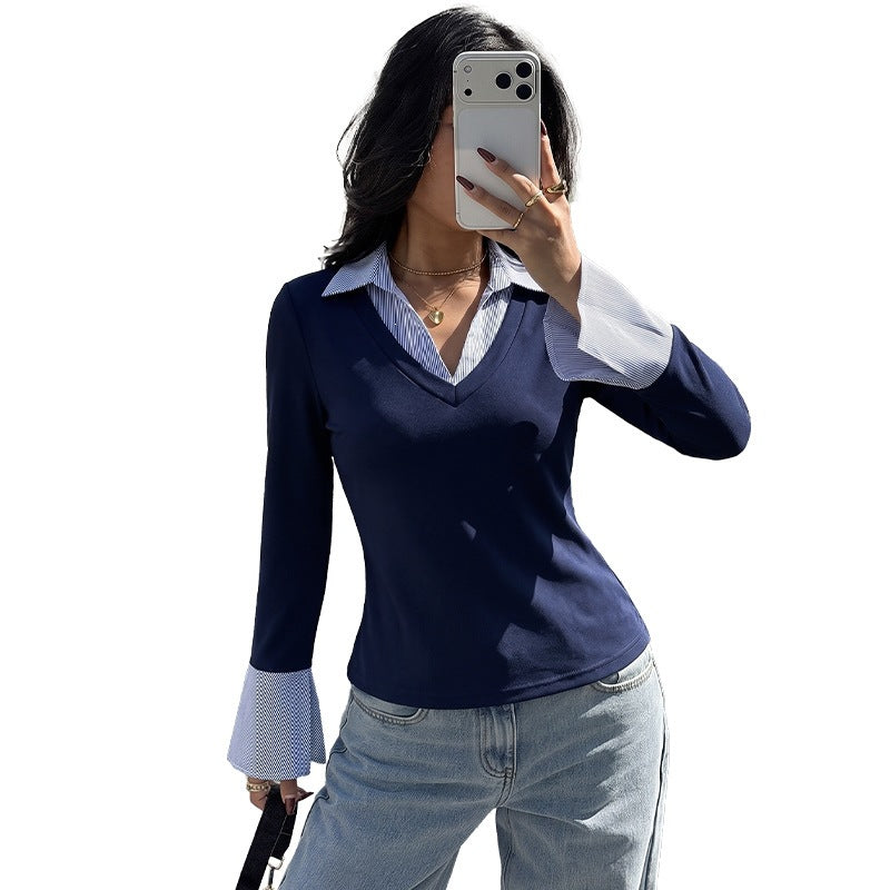 Color-block V-neck Fitted Top For Women