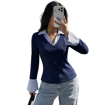 Color-block V-neck Fitted Top For Women
