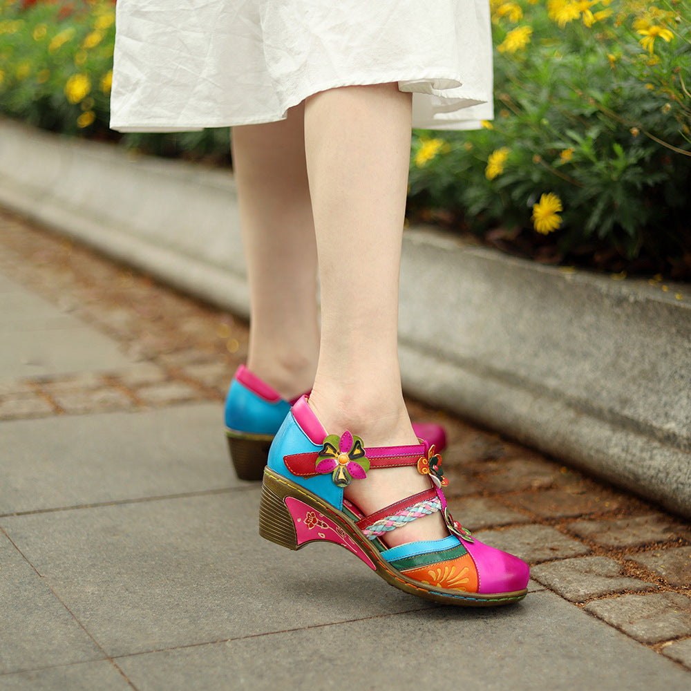 Retro Bright Flower Contrast Color Velcro Wedge