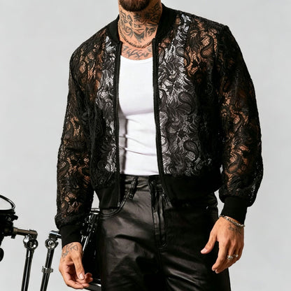 Mens Lace-See-Through Long-Sleeve Aviator Jacket