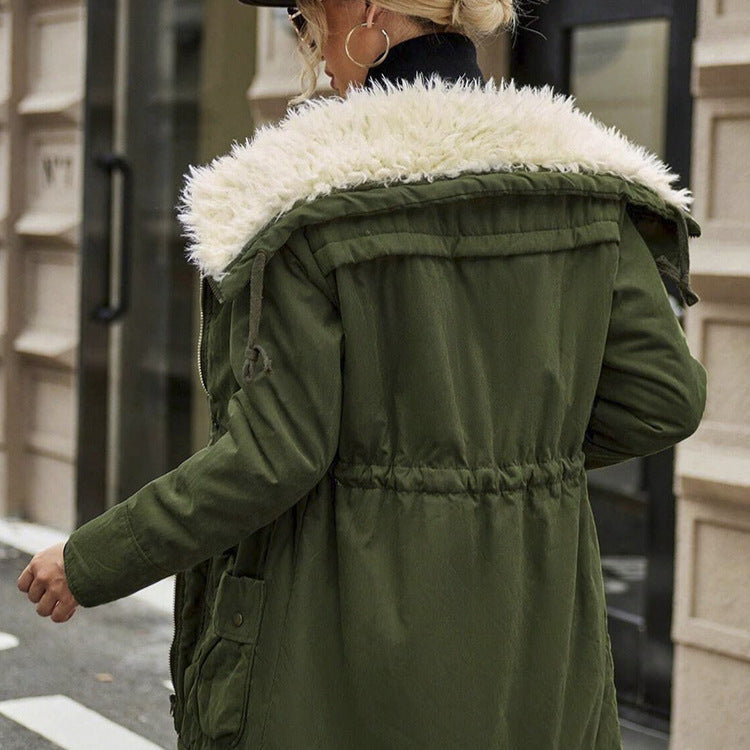 Womens Casual Hooded Long-sleeve Mid-length Cotton Coat