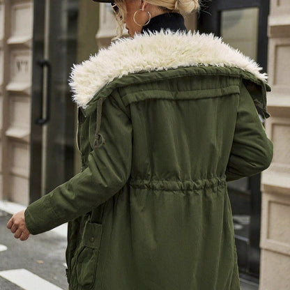 Womens Casual Hooded Long-sleeve Mid-length Cotton Coat