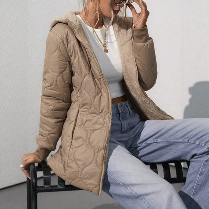 Womens Mid-Length Hooded Padded Coat With Fleece Lining