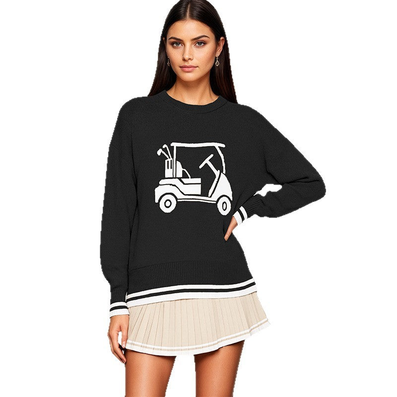 Round-neck Loose-fit Long-sleeve Jacquard-knit Pullover Sweater Top