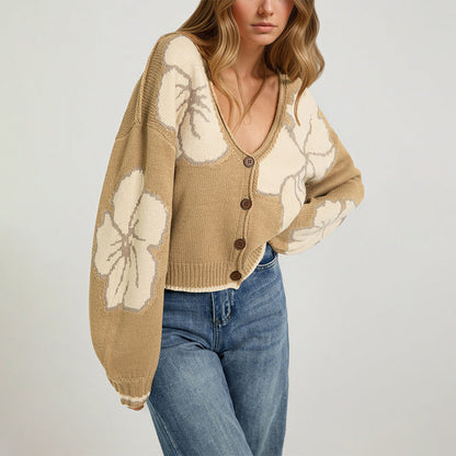 Womens Loose-fit Jacquard Color-block Knitted Cardigan Top