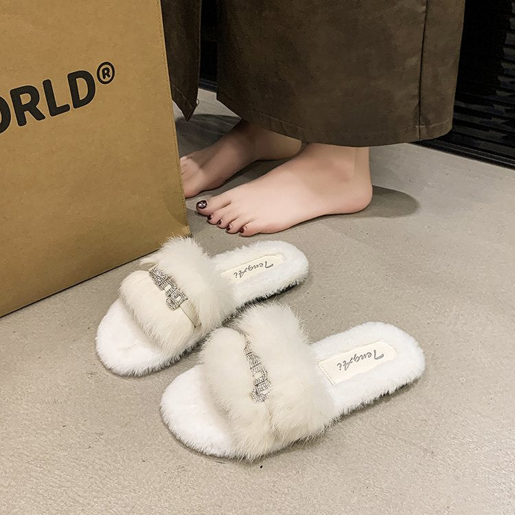 Women's Furry Slippers, New Letter Embroidered Fleece Single Band Slides, Versatile Outdoor Women's Shoes