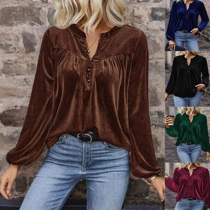 Women's Casual Chic Solid Color V-Neck Button Long Sleeve Pullover Top For Spring & Fall