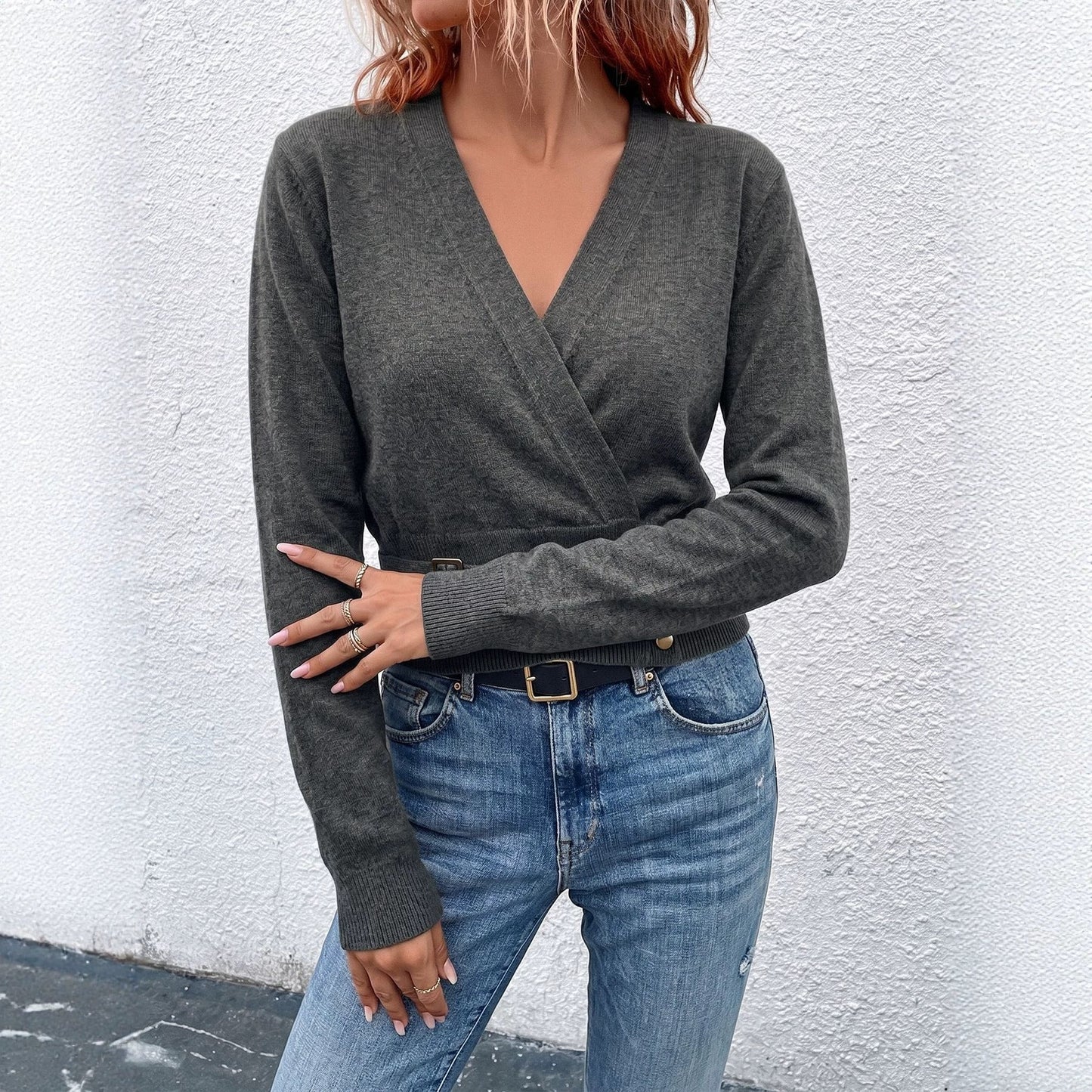 Womens Double-Faced V-Neck Knitted Sweater
