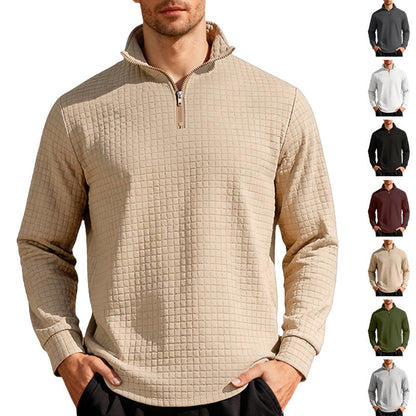 Business-casual Mens Loose-fit Jacquard Crew-neck Half-zip Hoodie With Small Square Patterns