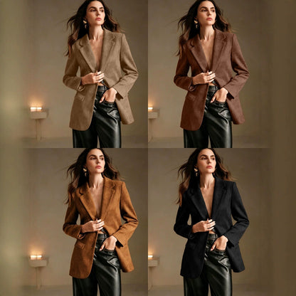 Double-breasted Suede Velvet Blazer With Flap Pockets And Long Sleeves