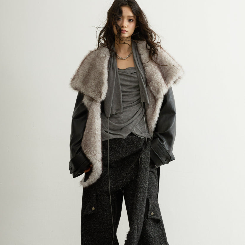 Handsome Detachable Fur-collar PU Leather Jacket