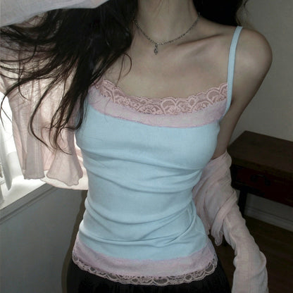 2026 Summer Women's Y2K Hot Girl Pure Desire Lace Trim Color-Block Slim Fit Versatile Tank Top
